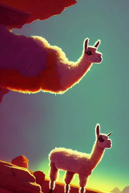 Image similar to The Llama, illustration, painting oil on canvas by James Gilleard octane render trending on artstation, 4k, 8k, HD