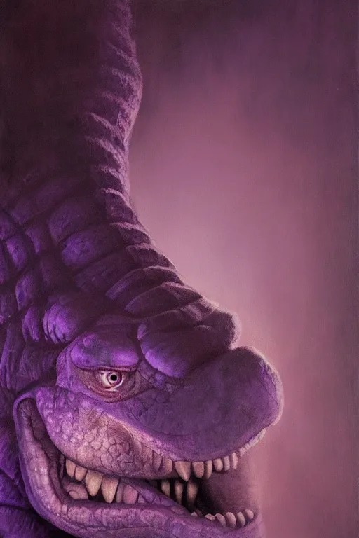 Image similar to barney the dinosaur in a dim purple lit room, melancholy, smoky, oil on canvas, intricate, portrait, 8 k highly professionally detailed, hdr, cgsociety