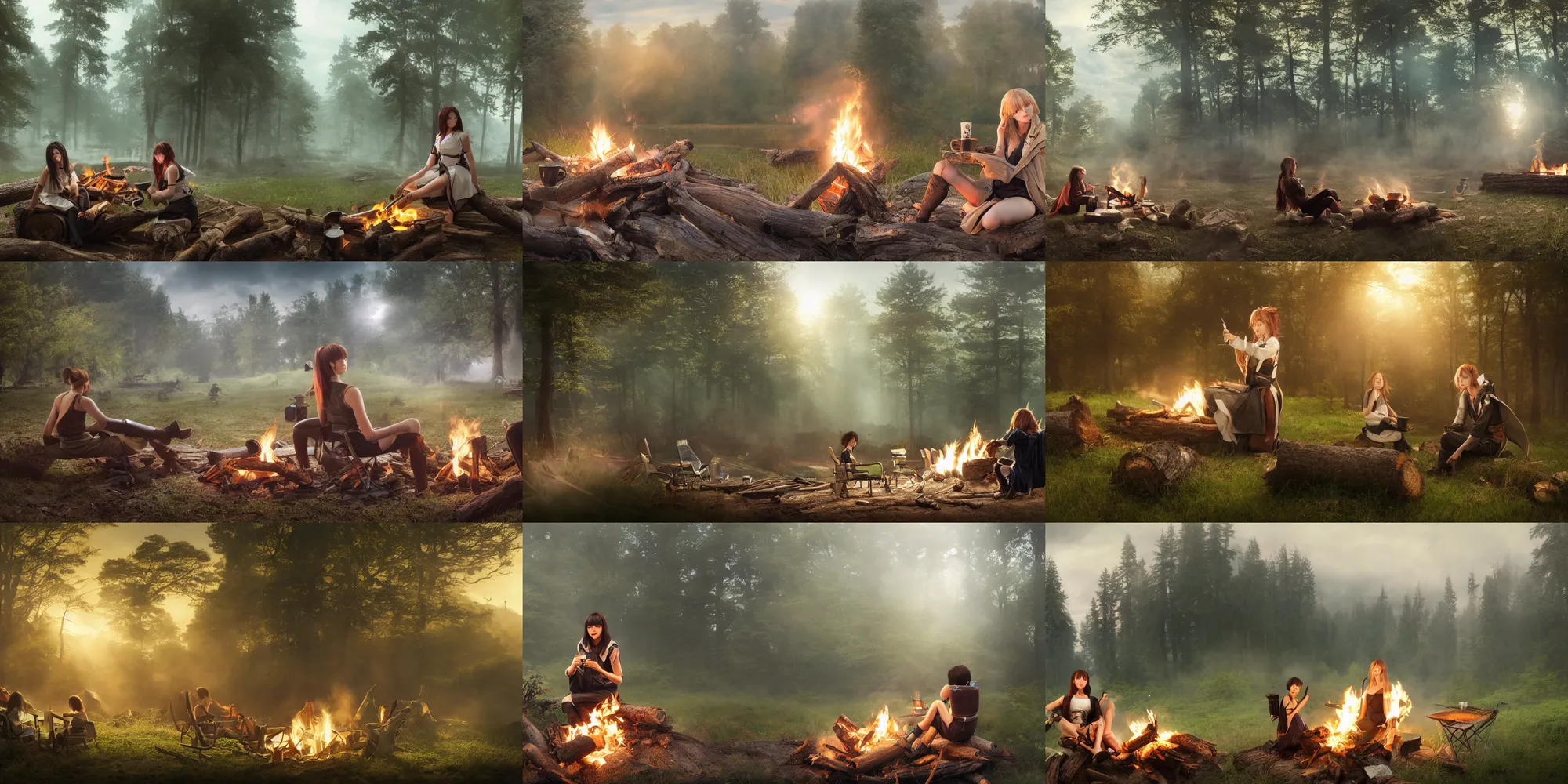 Prompt: Panoramic photograph on a girl from Final Fantasy live action, with short black hair and green eyes in a tan trenchcoat sitting on a log and drinking tea by the campfire by her motorrad at night, ray tracing, large landscape with village, award winning, masterpiece digital painting by Greg Rutkowski, Alex Grey, artstation, 4k wallpaper, Jakub Rozalski