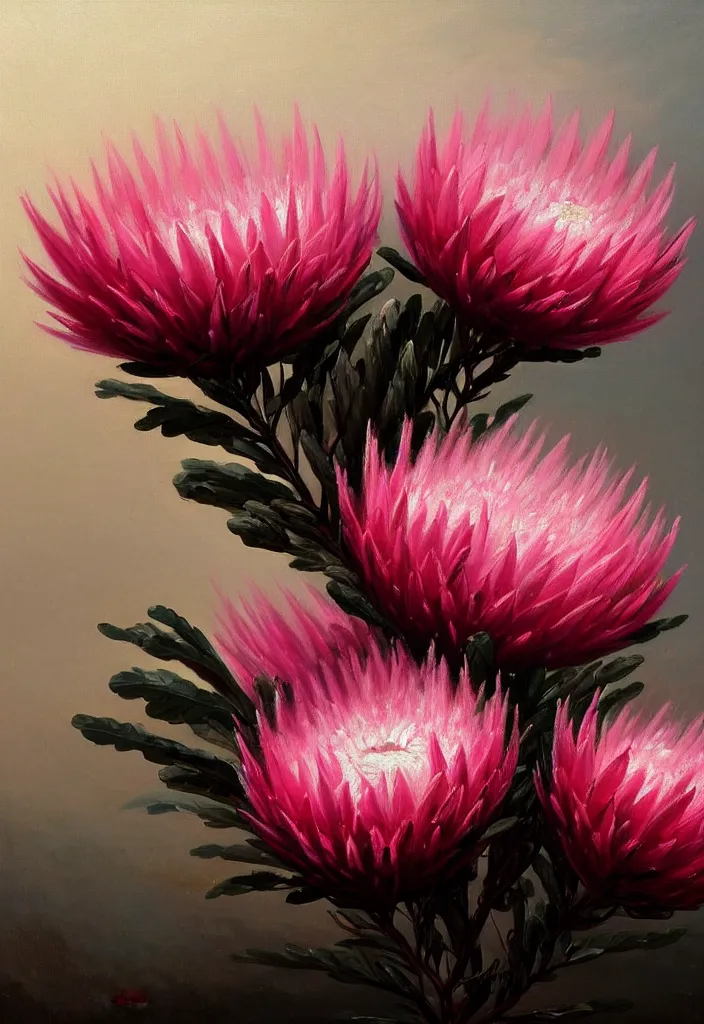 Image similar to detailed pink and white proteas against a black backdrop by ivan aivazovsky, detailed brush strokes, oil painting,, muted colours, artstation