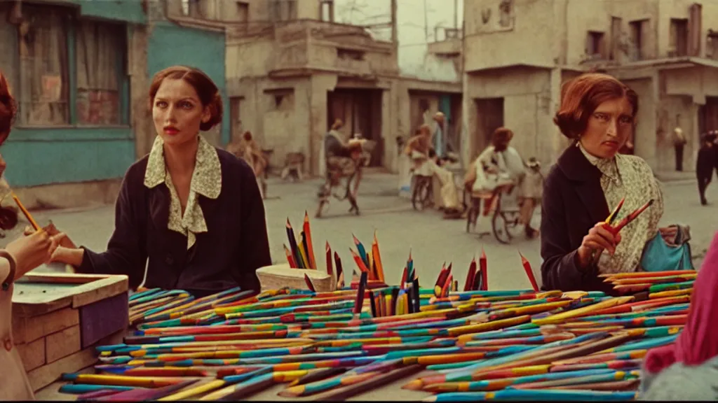 Prompt: a women selling pencils, film still from the movie directed by wes anderson with art direction by dali wide lens