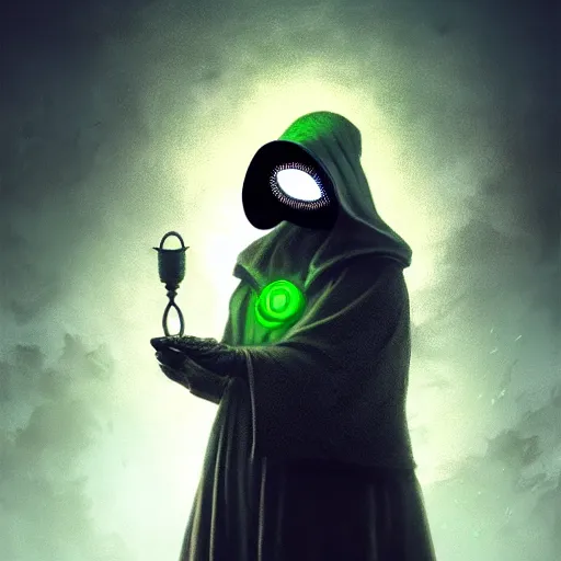 Image similar to portrait of a feminine plague doctor, front angle, green glowing eyes and background with detailed fog background and foreground, stunning 3 d render inspired art by greg rutkowski and xiang duan and thomas eakes, realistic, highly detailed attributes and atmosphere, dim volumetric cinematic lighting, 8 k octane detailed render, post - processing, masterpiece, soft vignette