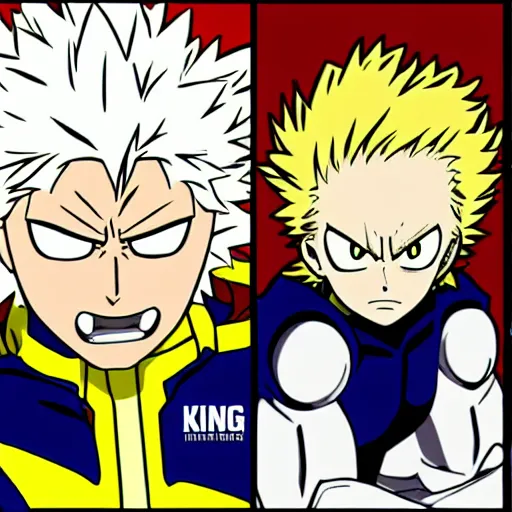 Prompt: King from one punch man as all might from my hero academia. Anime style