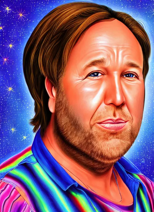 Image similar to photoreal ultra realistic portrait of discheveled alex jones by lisa frank