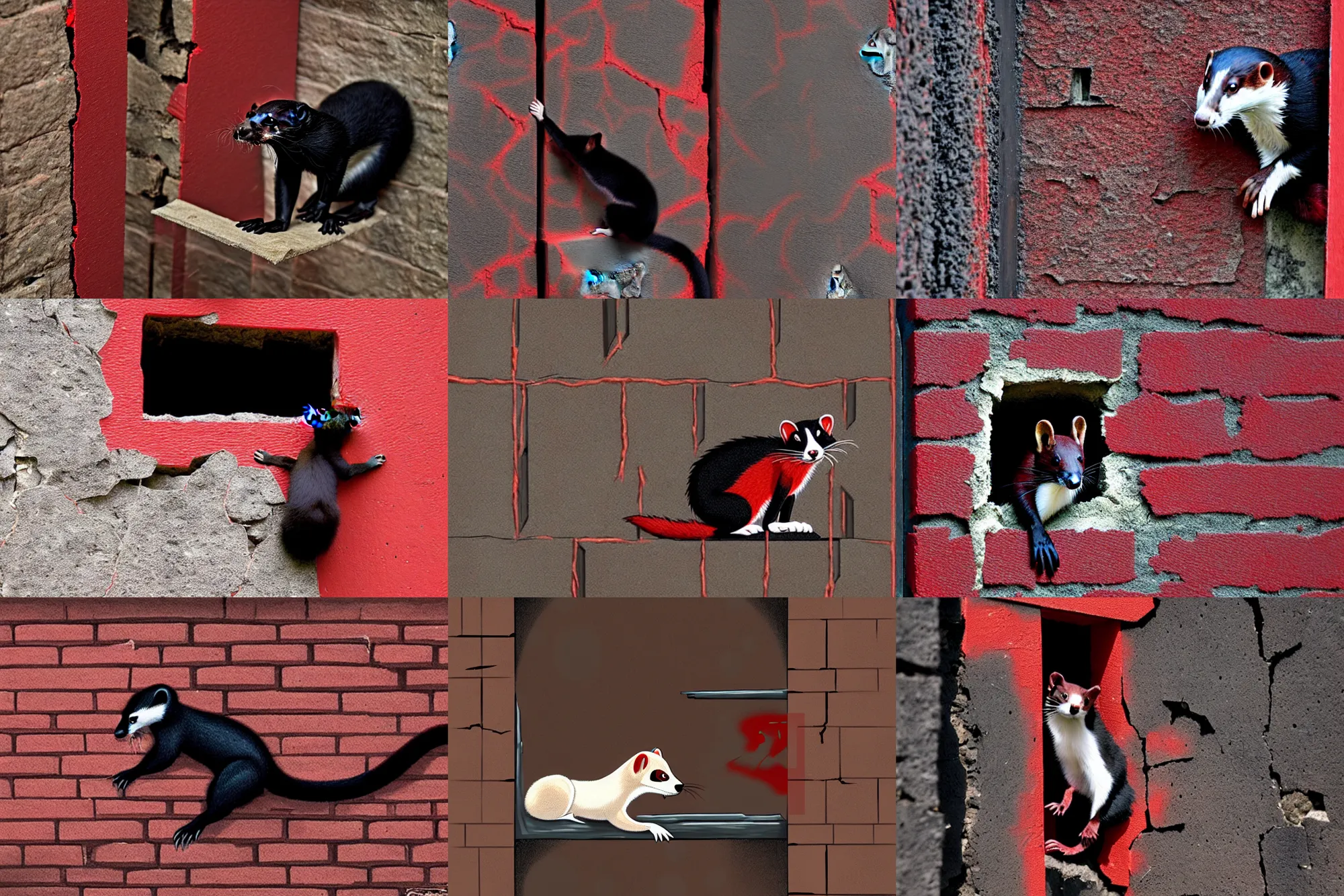 Prompt: red - and - black weasel / stoat fursona ( furry fandom ), scratching and chiseling on a prison cell wall in order to create cracks and impressions, blessed madness