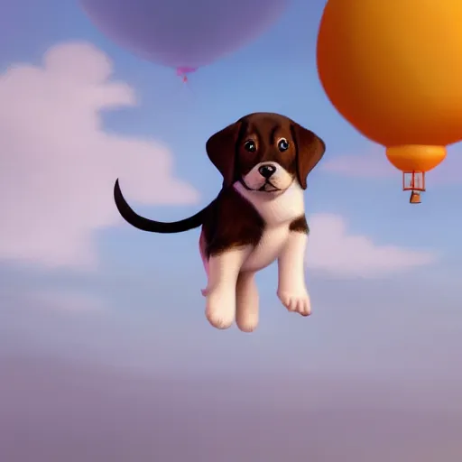 Image similar to puppy high in the air holding balloons, 8k, fantasy, intricate, cinematic lighting, highly detailed, digital painting, artstation, concept art, smooth, sharp focus, illustration, by Pixar