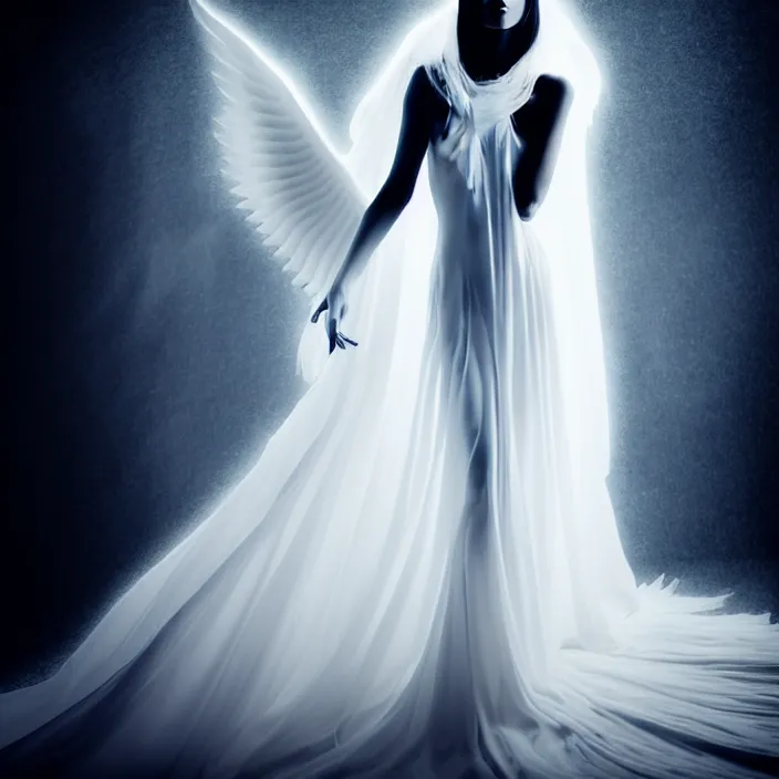 Image similar to photo portrait of a beautiful woman like a dark fallen angel, total body dressed in long elegant intricate ornamental white dress, fine art photography by Giovanni Gastel, professional studio dramatic lighting, volumetric lighting, dramatic colors scheme , hyper realistic photography in style of Vogue Fashion magazine