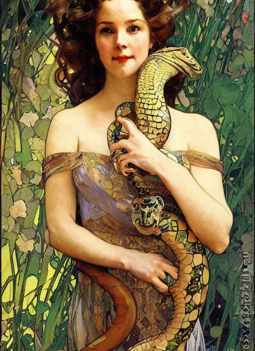 Image similar to an art nouveau copic maker portrait of a woman with a snake by john berkey by stanley artgerm lau, alphonse mucha, loish, norman rockwell