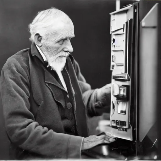 Image similar to old man staring at a highly advanced computer , old photo , 1824 , HD , 4k