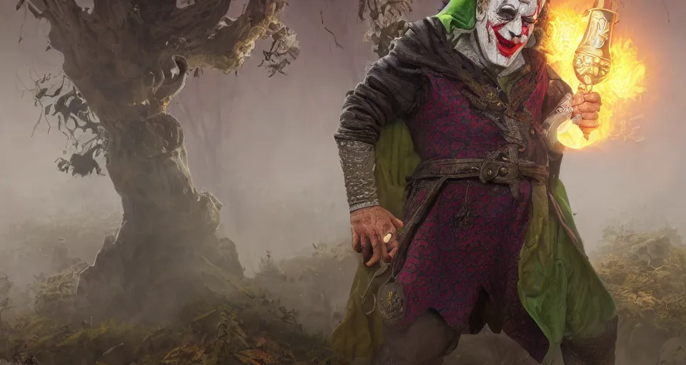 Image similar to robert de niro as medieval joker, crazy colorful clothing with a heavy golden mace in his left hand and a beer jug in his right hand, full body portrait, symmetrical face, intricate details, wandering through a forbidden forest, trending on artstation, 8k hyperrealistic, style of peter mohrbacher, octane render, unreal engine