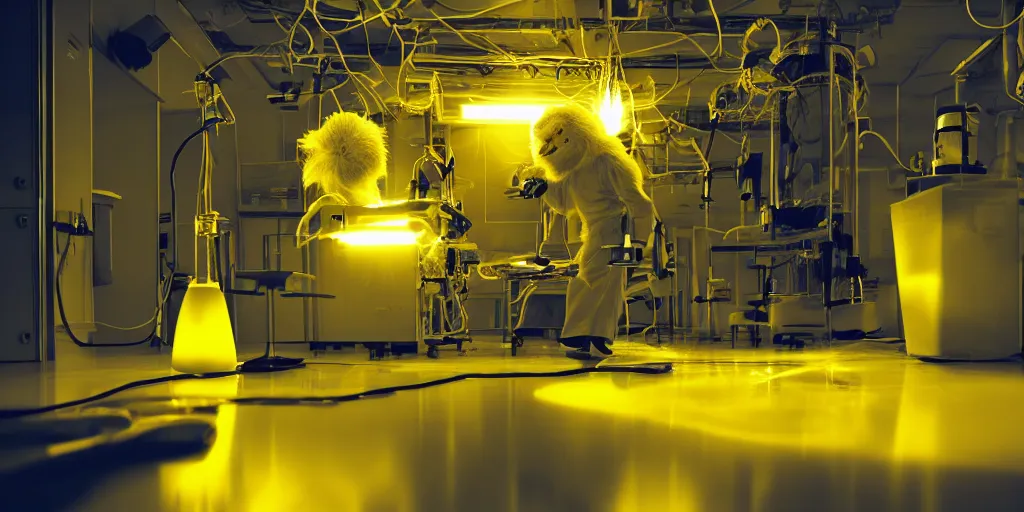Image similar to hairy monster in laboratory clean room, photolithography, yellow artificial lighting, photorealistic