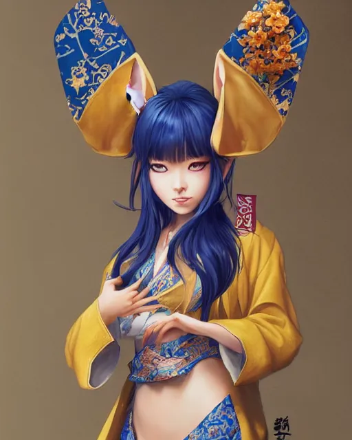 Prompt: Ssunbuki as a woman with fox ears and a royal blue kimono with gold flowers, Yakuza, visualartzi, korean, concept art by Karla Ortiz, James Paick, Charlie Bowater, Krenz Cushart, highly detailed, ultra detailed, ultra realistic, trending on artstation, cgstudio