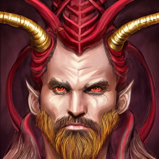 Prompt: dnd portrait of a tiefling, male, red scales, a big black beard, completely golden eyes, 2 long curved horns growing out of his forehead,