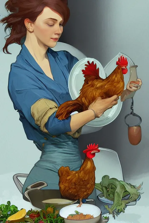 Prompt: a woman cooking dinner with her pet chicken, digital painting, artstation, concept art, smooth, sharp focus, illustration, art by virmeer and alphonse mucha