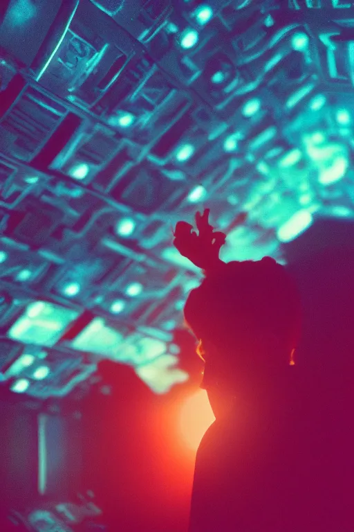 Image similar to agfa vista 4 0 0 photograph of a meso american guy on a spaceship, ancient yet futuristic, synth vibe, vaporwave colors, lens flare, flower crown, back view, moody lighting, moody vibe, telephoto, 9 0 s vibe, blurry background, grain, tranquil, calm, faded!,