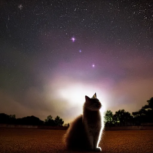 Prompt: a professional photo of a very fluffy cat looking at the night sky