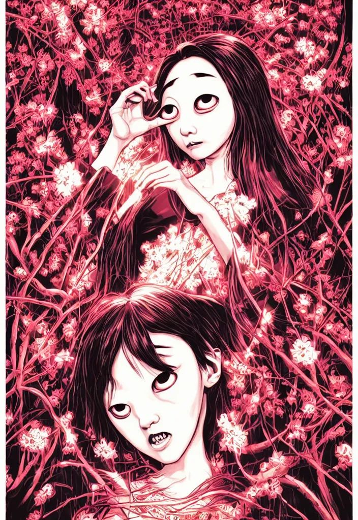 Prompt: a comic book style japanese horror poster of girl with large eyes by dan mumford, yusuke murata and junji ito, blood lines, yokai, shinigami, cherry blossom, eyes, shurikens, kanji, 8k, unreal engine, trending on artstation, pixiv, intricate details, volumetric lighting