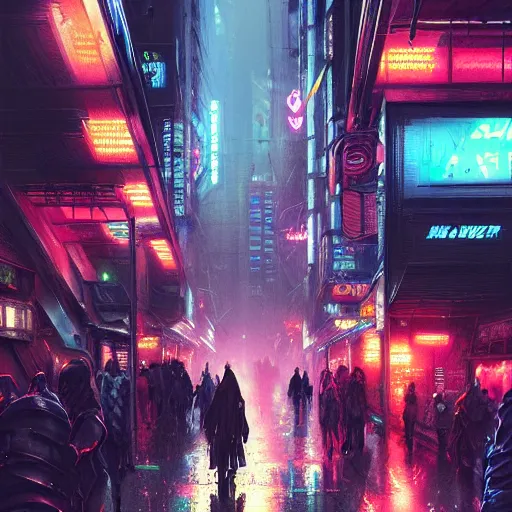 Image similar to overly crowded street of a cyberpunk city, rain, harsh neon lights, highly detailed, digital painting, trending on artstation, concept art, sharp focus, illustration, art by artgerm and greg rutkowski and magali villeneuve