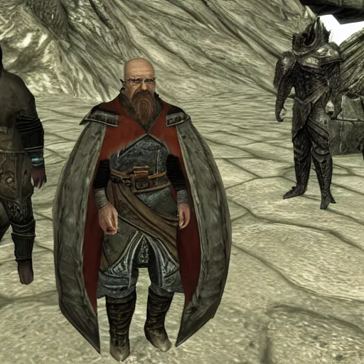 Image similar to walter white in sovngarde, skyrim, alduin, black dragon, adventuring gear, nord, viking