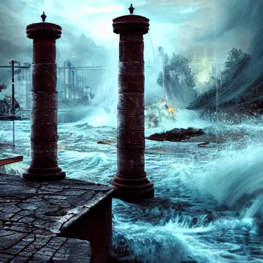 Image similar to big crumbling pillars over raging turbulent waters, conflagration in the background a lot of fire, hyper realistic, highly detailed, digital art, apocalyptic, intimidating lighting, raytracing, sharp focus, smooth, romanticism