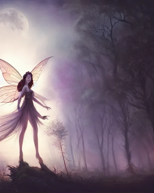 Image similar to attractive fairy goddness fly high in the night, d & d, fantasy, mist, full moon in background, trees, hyper detailed, art by artgerm and greg rutkowski and magali villeneuve, midium shot, 8 k realistic, cryengine, digital painting, trending on artstation, concept art, sharp focus, illustration,