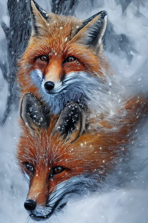 Image similar to a furious fox wizard, snowy background, oil on canvas, intricate, portrait, 8k highly professionally detailed, HDR, CGsociety