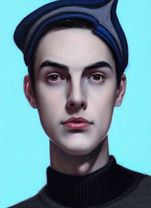 Image similar to portrait of teenage jughead jones wearing a light grey crown, crown, blue turtleneck, 1 9 5 0 s, closed eyes, photorealistic, black hair, glowing lighting, intricate, elegant, glowing lights, highly detailed, digital painting, artstation, concept art, smooth, sharp focus, illustration, art by wlop, mars ravelo and greg rutkowski