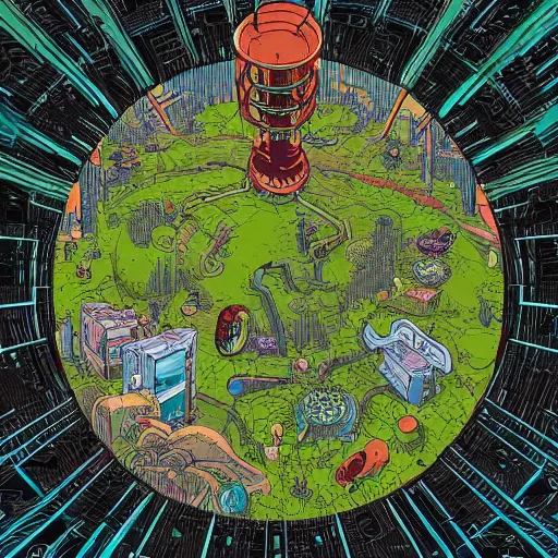 Prompt: hyper detailed comic illustration of a glowing circular portal surrounded by a cybernetic forest , by Josan Gonzalez and Geof Darrow, isometric aerial view, highly detailed, 8k wallpaper