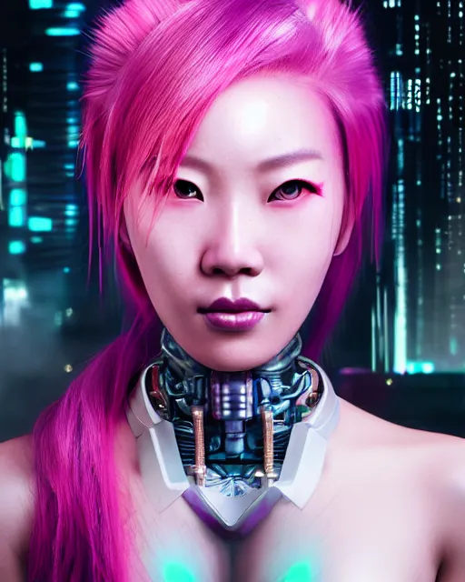 Image similar to portrait of a beautiful asian woman with pink hair as a cyberpunk cyborg half robot, sci - fi, missing panels, intricate abstract upper body intricate artwork, concept art, octane render, deviantart, cinematic, key art, hyperrealism, iridescent accents, portrait photograph, nikon 3 5 mm, photograph by greg rutkowski