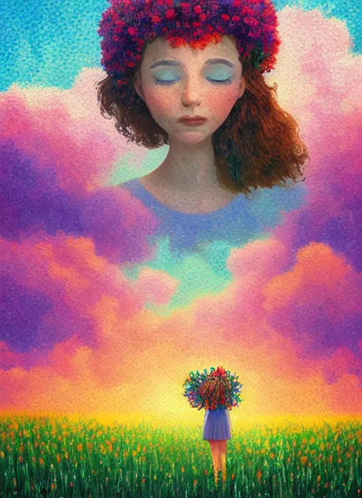 Image similar to girl with flower head, in a field with flowers, hills, big trees, sunrise dramatic light, impressionist painting, colorful clouds, digital painting, pointillism, artstation, simon stalenhag, flower head