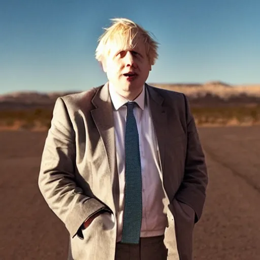 Image similar to A photo of Boris Johnson in Breaking Bad, New Mexico desert, cinematic lighting, cartel