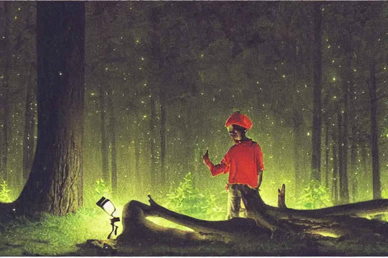 Image similar to a scenic view of a black boy in the middle of a magical forest with glow-worm lights near a lake, detailed, cinematic, dramatic scene, retro illustration by Norman Rockwell.