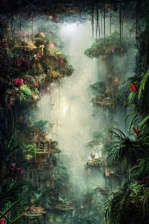 Image similar to the beauty of the jungle painted by mahmoud farshchian, mia brownell, very detailed, maximalism, ambient occlusion, volumetric light, atmospheric haze, hyper realism, cyberpunk shading, cinematic composition, realistic render, photorealistic, wide shot