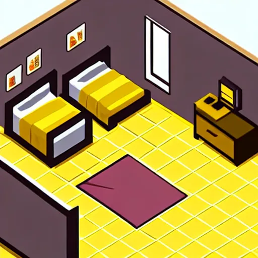 Prompt: rpg maker style bedroom, rpg game style, warm yellow lighting with shadows, isometric view, isometric perspective, 3 d, comforting, carpet on floor