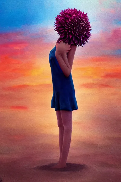 Image similar to closeup giant dahlia flower head, girl standing on beach, surreal photography, blue sky, sunrise, dramatic light, impressionist painting, digital painting, artstation, simon stalenhag