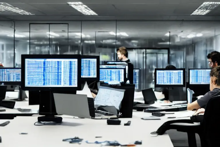 Image similar to detailed realistic photo of a group of hackers working, dimly lit room, computer screens, dramatic dim lighting, coherent composition