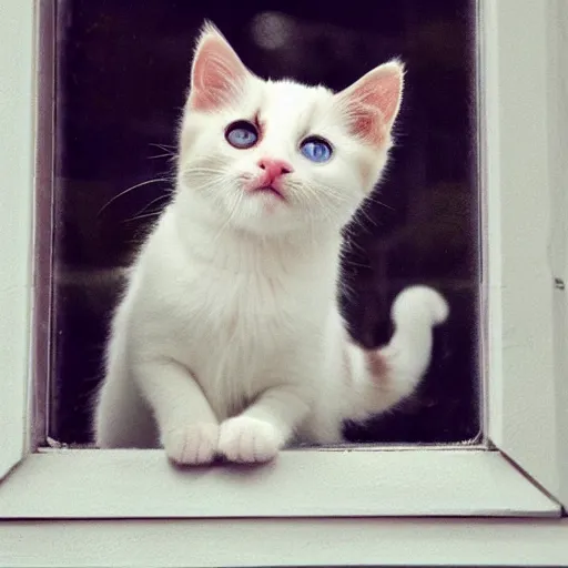 Prompt: cute calico kitten looking out of the window on a [ [ [ [ beautiful ] ] ] ] summer day, profile shot, featured on artstationg, gorgeous!!!