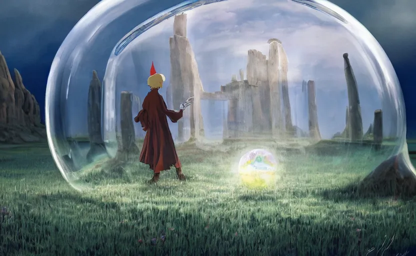 Image similar to a scary hyperrealist painting of a shaman in a giant transparent bubble from howl's moving castle ( 2 0 0 4 ) in a flooded monument valley stonehenge jungle. depth perception, 4 k, artstation, in the style of studio ghibli