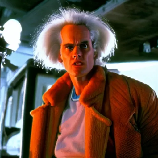 Image similar to stunning awe inspiring jim carrey as doc brown in the movie back to the future, movie still 8 k hdr atmospheric lighting