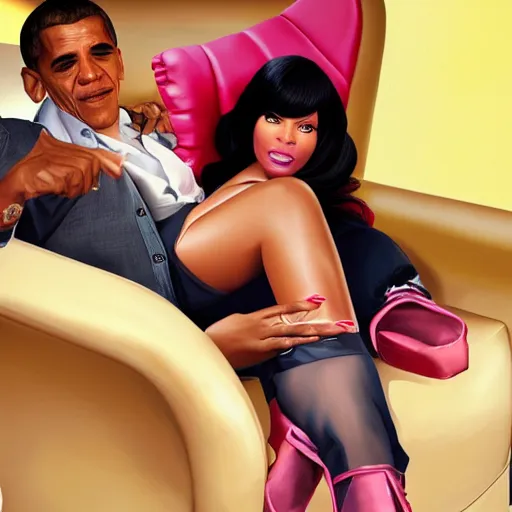 Image similar to nicki minaj sitting in the lap of barack obama in gta v cover art, hyper realistic, highly detailed, trending on artstation