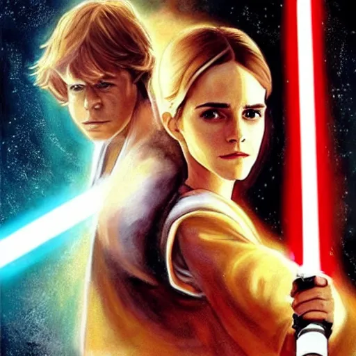 Image similar to a beautiful painting of Emma Watson fighting Luke Skywalker with a lightsaber, realistic Star Wars still