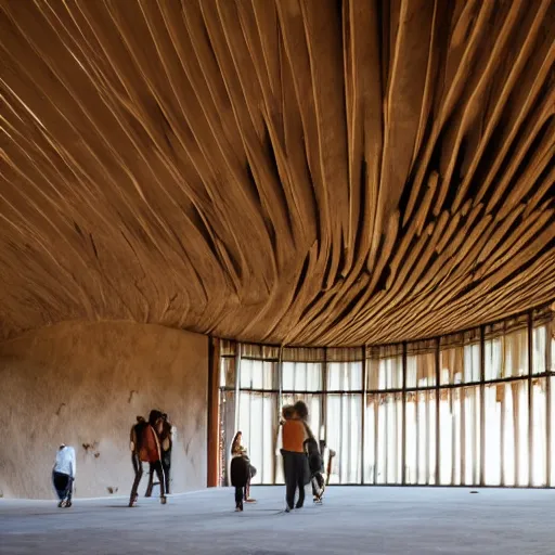 Image similar to indoor photo of a complex cultural building made of totemic rammed earth, people walking