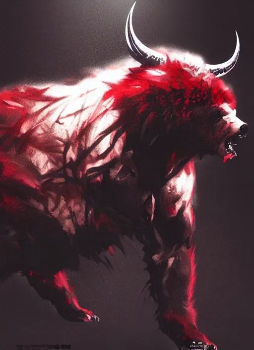 Image similar to A horned bear shadow spirit with red fur and sharp claws. In style of Yoji Shinkawa and Hyung-tae Kim, trending on ArtStation, dark fantasy, great composition, concept art, highly detailed.