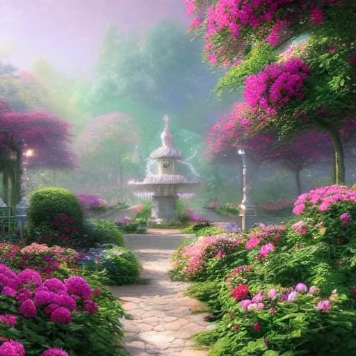 Prompt: a beautiful hyperdetailed matte painting of a rose - garden out of rose - quartz by thomas kinkade, albert bierdstat and andreas rocha, digital art, trending on artstation, rectilinear, octane render, hyperrealism.