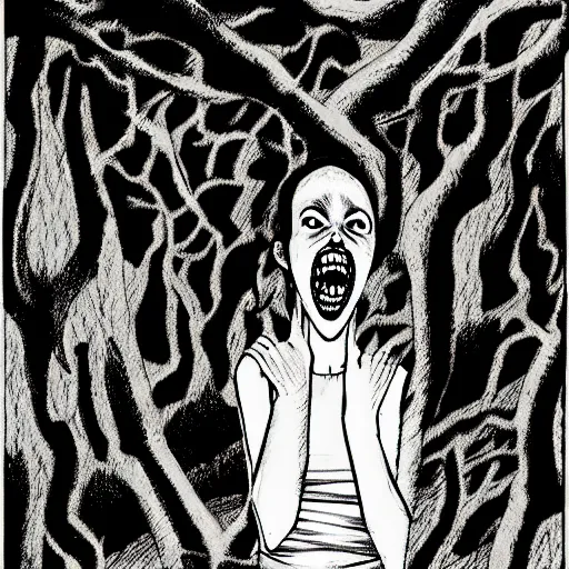 Image similar to in the style of junji ito, rafael albuquerque, shinsui ito, transparent ghost screaming, in the woods, moody lighting