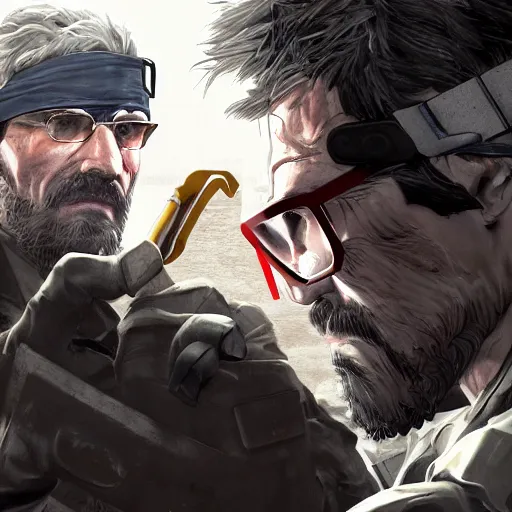 Image similar to Solid Snake from MGS and Gordon Freeman from Half-Life melee fight against each other on an abandoned military base, winter, very detailed, hyper realism, epic, close-up fight, digital art, concept art, illustration, artstation, cgi, 4k