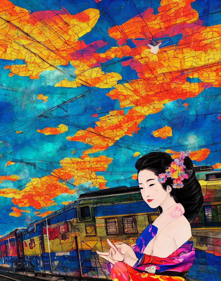 Image similar to semi semi realistic digital painting!! beautiful geisha flying over a colorful train yard, dramatic, xray melting colors!! long lens, shallow depth of field, bokeh, 8 k, 3 5 mm film grain