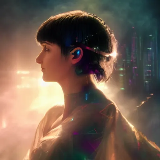 Prompt: beautiful Fine art photo of a young enraptured Enya as a cyberpunk robotic godess, photorealistic, centered, highly detailed and intricate, sun lighting, in the movie A.I. 8k