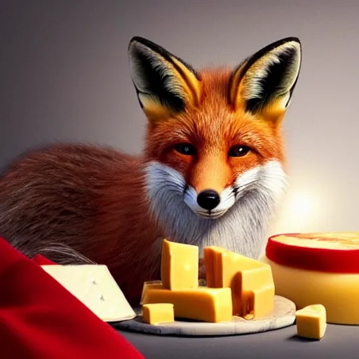 Prompt: perfectly-centered-Portrait-full-shot of a fox, wearing a santa hat, sitting next to a pile of cheese, intricate, elegant, super highly detailed, professional digital painting, artstation, concept art, smooth, sharp focus, no blur, no dof, extreme illustration, Unreal Engine 5, 8K, art by artgerm and greg rutkowski and alphonse mucha and loish and WLO