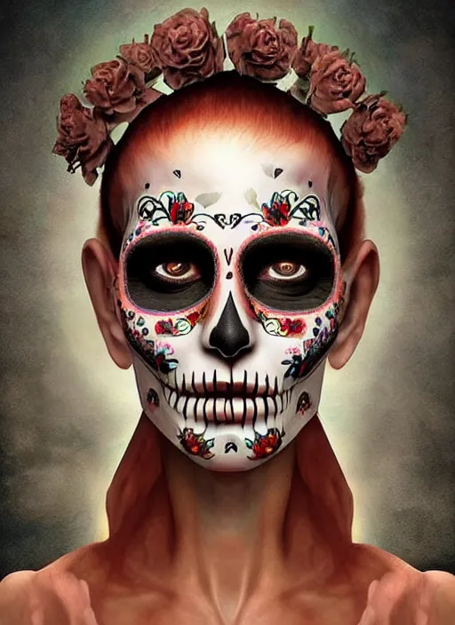 Prompt: dia de los muertos theme surrealist art in the styles of igor morski, jim warren, and giuseppe mastromatteo, intricate, hyperrealistic, accurate facial details, profile picture with chromakey!!!!! background, volumetric lighting